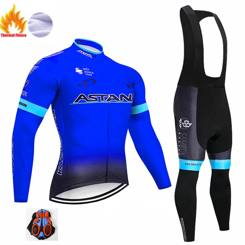 Winter suit Флуоресцентный зеленый Астана Ropa Ciclismo Invierno Зимний Велоспорт Джерси тепловой флис с длинным рукавом велосипедная одежда комплект - Цвет: Winter suit