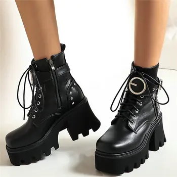 baratas Punk Goth Rebites Sapatos Femininos Rendas Até Dedo Do Pé Redondo Botas De Salto Alto Da Motocicleta Feminino Inverno Quente Chunky Plataforma Bombas Sapatos Casuais