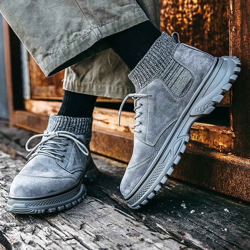 

KATESEN Men boots riding boots man martins boots Cow suede canvas causal shoes lace-up autumn male ankle tooling boots