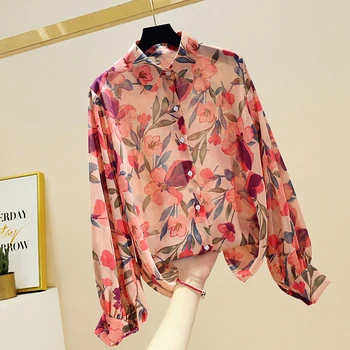 

Women Blouses 2020 Summer New Retro Style Lantern Sleeve Floral Chiffon Shirt Women's Sunscreen Thin Top Long Sleeve Blouse