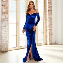 

Donsignet Retro Slash Neck Blue Temperament Princess Simple Evening Dress for Women Solid Birthday Dress for Women