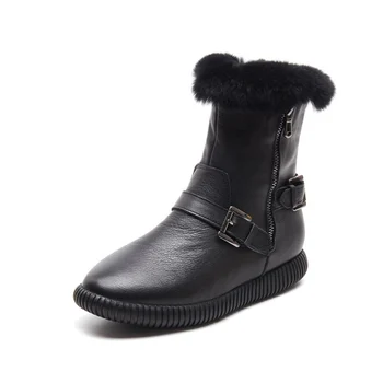 

Leather Genuine Boots Women Flat Shoes 2020 Winter Fashion Buckle Plush Warm Snow Boots For Woman Black White Shoes Ladies Boot