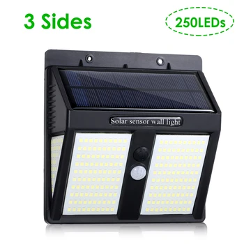 

250 LEDs Solar Wall Light Three Sides PIR Motion Sensor solar Light IP65 Waterproof Outdoor Secure Light for Patio Garden Garage