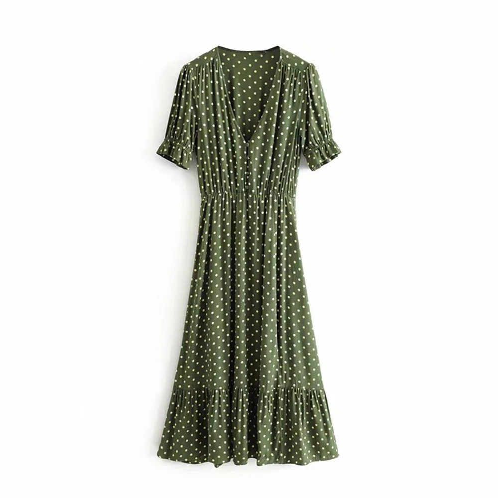 Женское плиссированное платье ZA Трендовое в горошек с v образным вырезом и