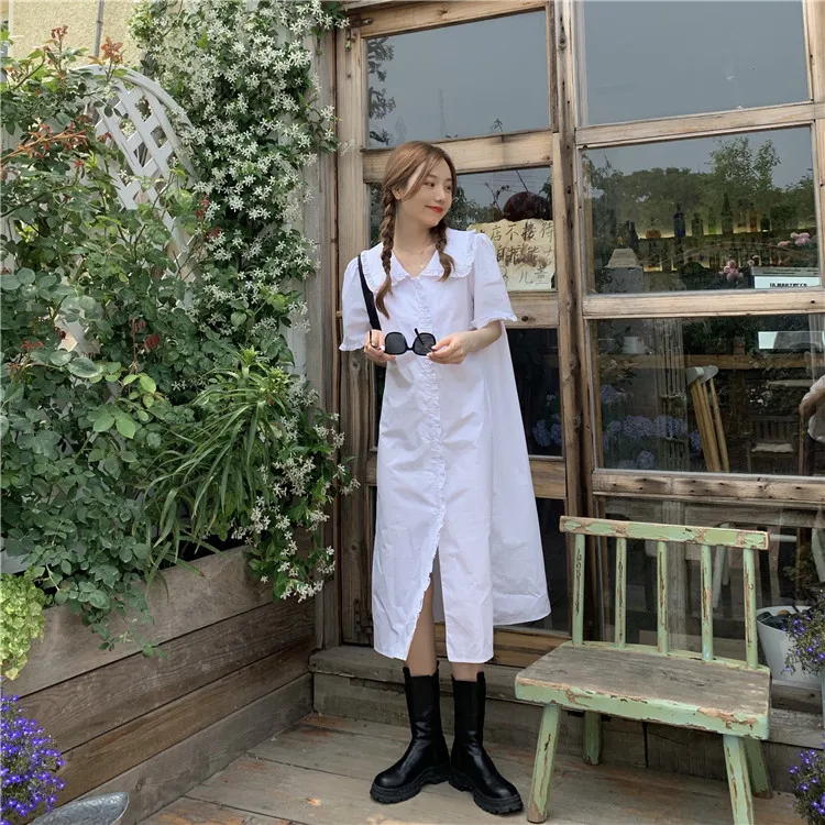 Korean Chic Summer New Sweety Girly Dress Peter Pan Collar Cute Petal Sleeve Single-breasted Solid Dresses Pure Blouses Dress