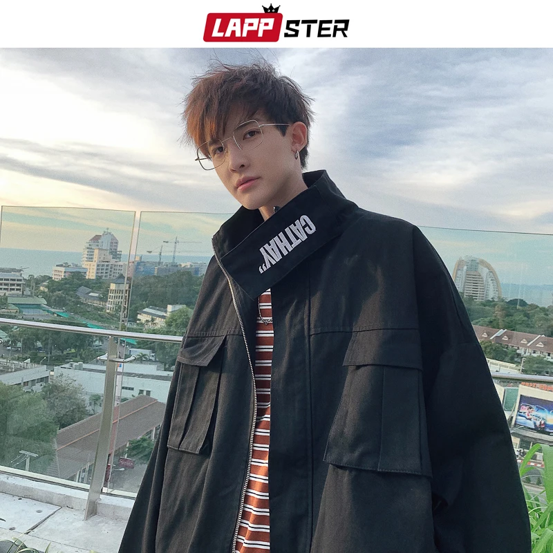 LAPPSTER Мужская Вышивка Harajuku Рабочая куртка Мужская s Корейская хип хоп ленты ветровка куртки Мужская Осенняя черная одежда