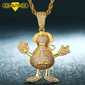 

ICEOUTBOX Cartoon Dollar Money Bag Pendant Necklace Full Of Crystal For Men's Hip Hop Jewelry Iced Out Cubic Zircon Chain Gifts