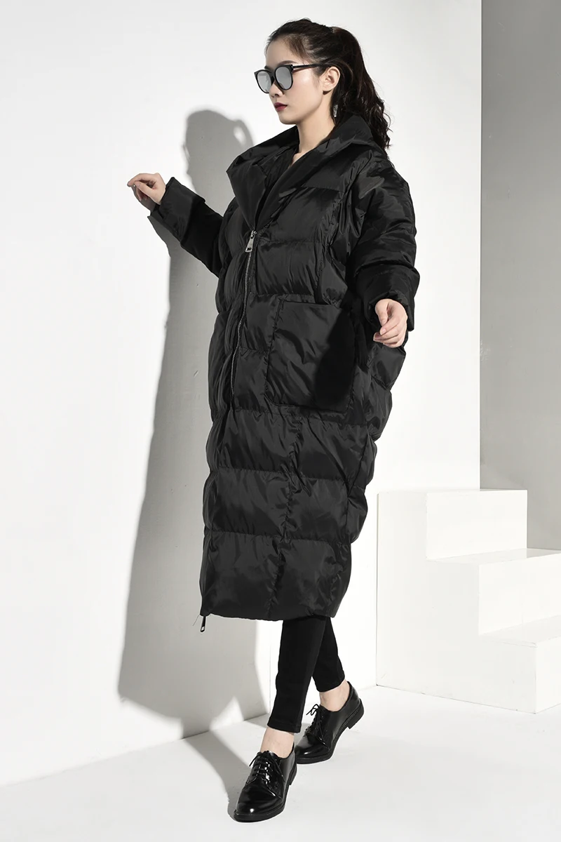 [EAM] Black Oversize Long Hooded Cotton-padded Coat Long Sleeve Loose Fit Women Parkas Fashion New Autumn Winter JD1210