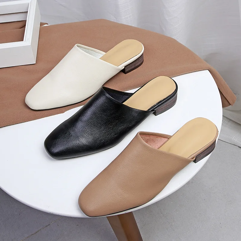 

Online Celebrity Spring New Style ban tuo xie Women's Outer Wear Fashion Square Head Nappa Flat Chunky-Heel Closed-toe Lazy Wome