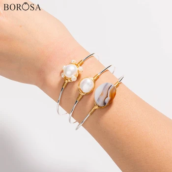 

Gold Wire Wrapped Onyx Agates Bangles for Women Natural Stone Open Bangles Silver Plated Gems Adjustable Cuff Bracelets WX1700