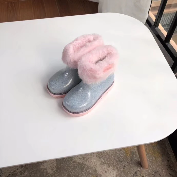 Серый Mini Melissa/теплые зимние сапоги для девочек, для детей, новая зимняя детская обувь принцессы, нескользящая обувь на плоской подошве с круглым носком для маленьких девочек - Цвет: Серый