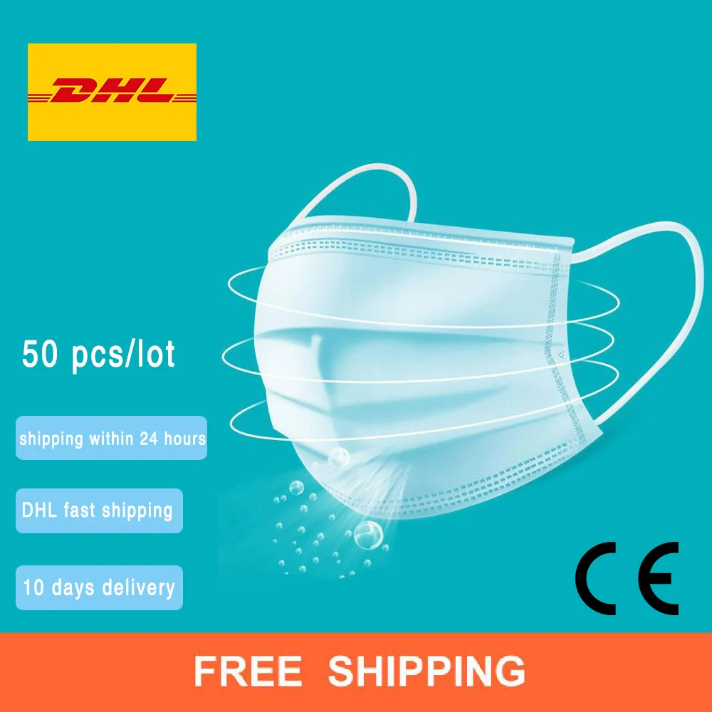 

50Pcs/Pack Profession Mask 3-Ply prevent dust Nonwoven Disposable Elastic Soft Breathable mouth caps face mask