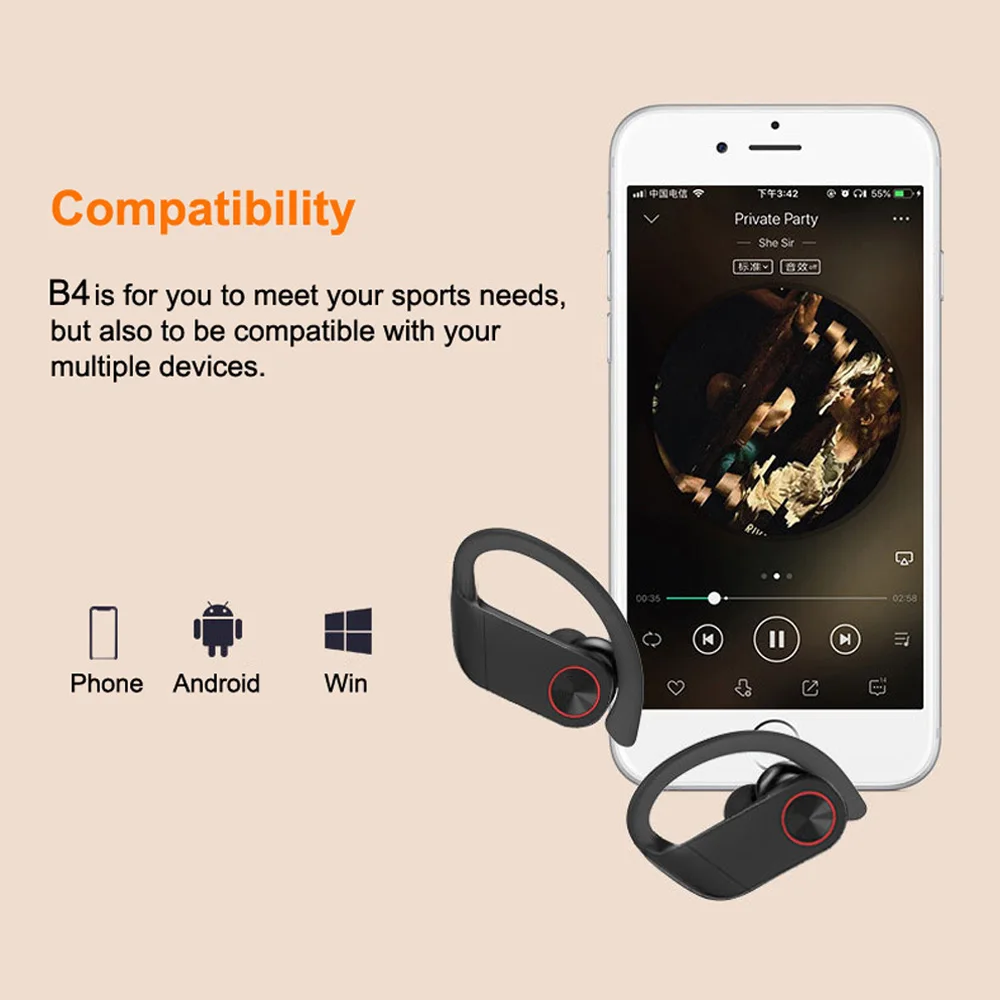 B4 TWS 5,0, Bluetooth наушники, Беспроводные спортивные наушники, ушные крючки, наушники, беспроводная Bluetooth гарнитура, светодиодный дисплей, зарядная коробка