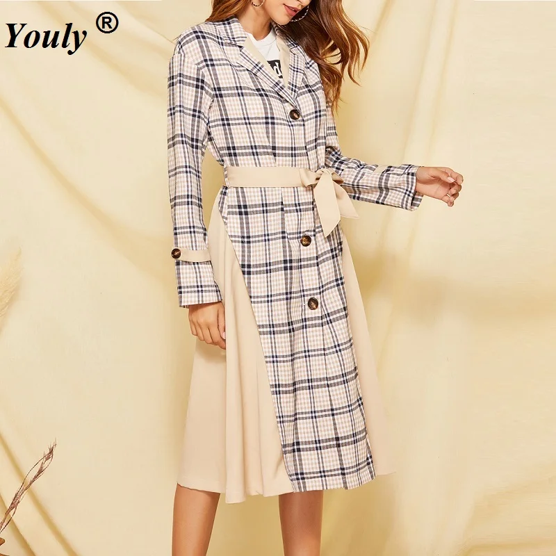 

Autumn Winter Apricot Plaid Turndown Collar Max Long Coat Women Single Dreasted Sashes Bow Sash Overcoat Elegantly OL Outerwear