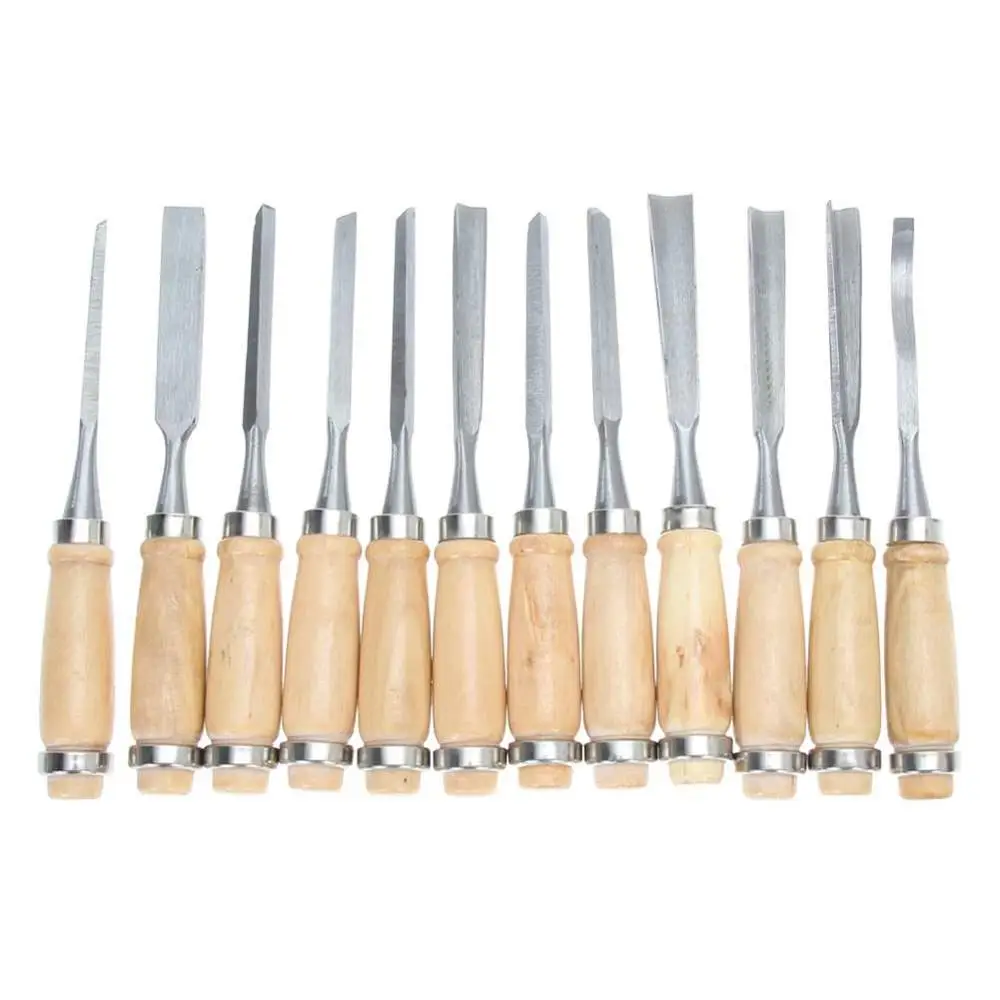 12pcs Профессиональный 12 шт./компл. ручной резьба по дереву стамеска набор инструментов Деревообработка профессиональное долото - Тип лезвия: 12pcs