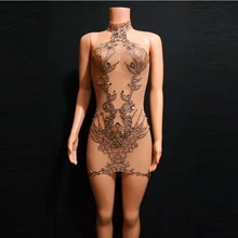 Яркие кристаллы цепи зеркальные камни платье сетка перспективное платье вечернее день рождения прозрачный наряд для выступления DL4625