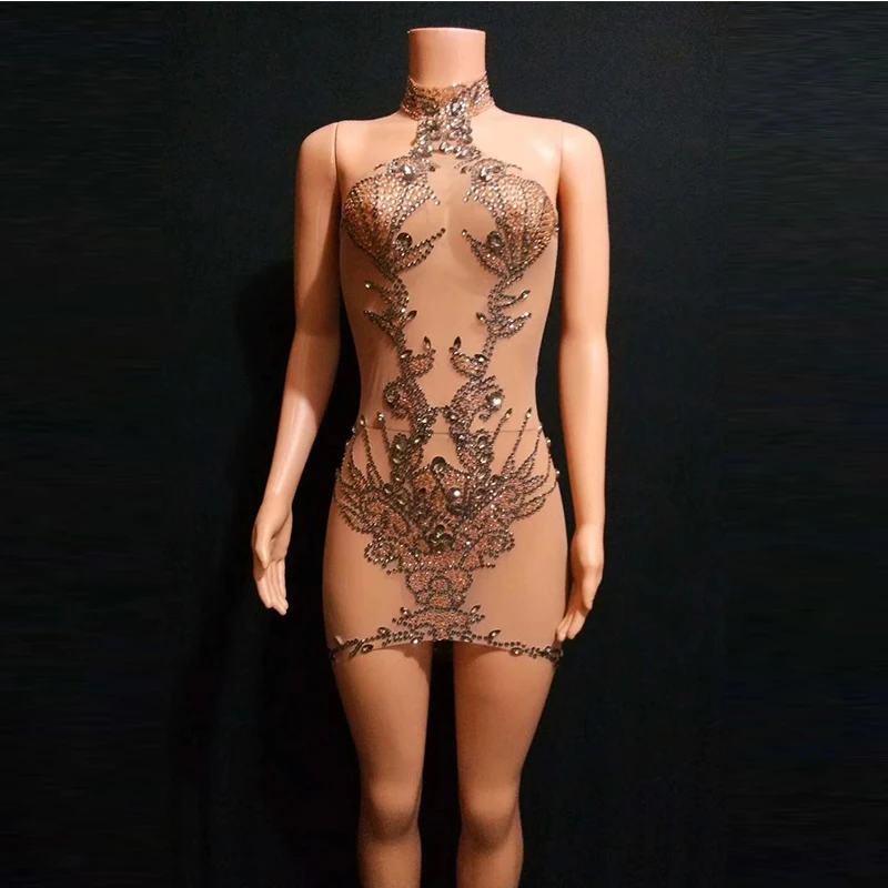 

Bright Crystals Chains Mirror Stones Dress Mesh Perspective Dress Evening Birthday See Through Outfit Performance DL4625