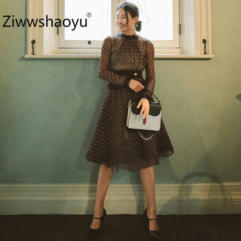 Ziwwshaoyu Подиум дизайнер осень горошек печати женские платья миди с длинным рукавом элегантное шифоновое платье