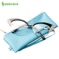 SOOLALA Rhinestones Semi-rimless Cat Eye Reading Glasses Women Presbyopia Sunglasses Night Vision Reading Glasses with Cases