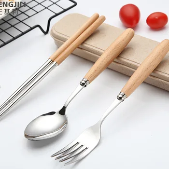 

Wood Handle Stainless Steel Set Dinnerware Kit Include Spoon Fork ChopsticksBox Travel Picnic Tableware