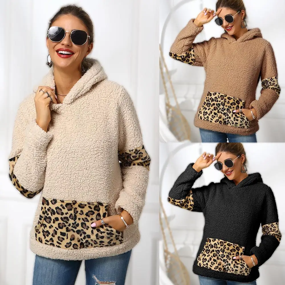 

Autumn Winter Casual Sport Hooded Sweatshirts Women Leopard Print Hoodie Plush Keep Warm Scarf Collar Pullover Tops Sudaderas