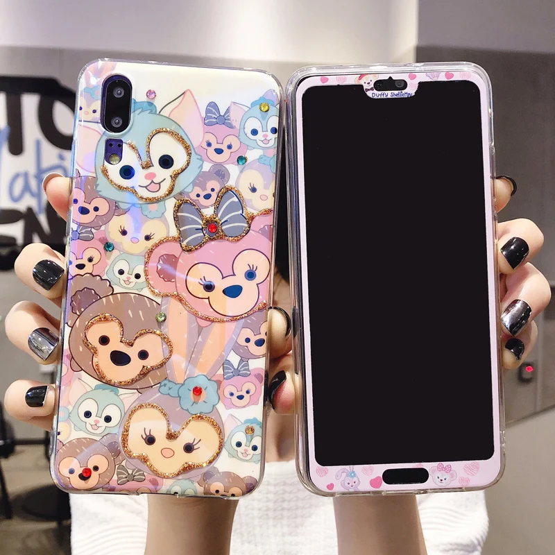 

For Huawei P30 pro bling Duffy bear toy soft cover &Tempered Glass Screen film For Huawei P20 mate20 pro glitter case +flim