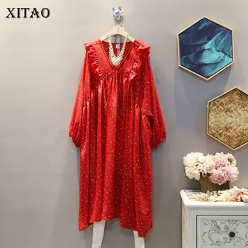

XITAO Spring 2020 New Korean Style Women Dress V Neck Stitching Lace Loose Plus Size Dresses Fashion Dot Women Clothes DMY2783