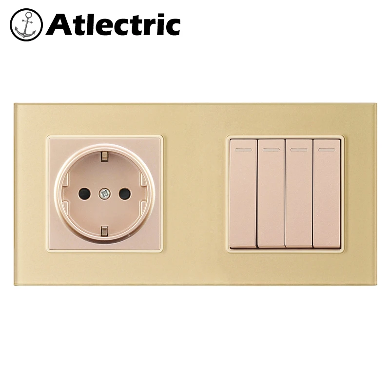 Atlectric EU DE RU ES разъем питания 1 2 3 4 банды Вкл/Выкл Выключатель света лампы кнопка света Двухстенная розетка стеклянная панель розетки выключатель света,переключатель,кнопки кнопка включения