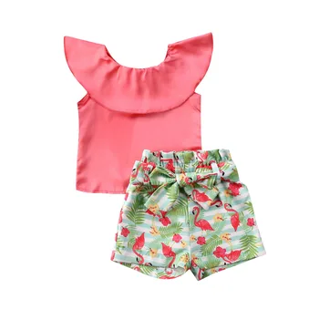 

Toddler Infant Kids Baby Girl Clothes Sets Lotus Leaf Collar Tops + Flamingo Pants Summer Clothes 2-7Y