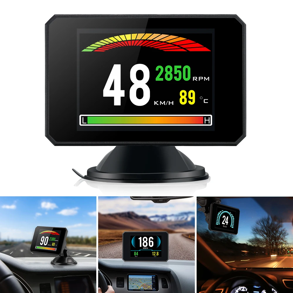 P16 HUD Head Up Display Car Water Temperature Volt Digital Display Fuel Consumption HUD Display Speed Projector OBD Gauge