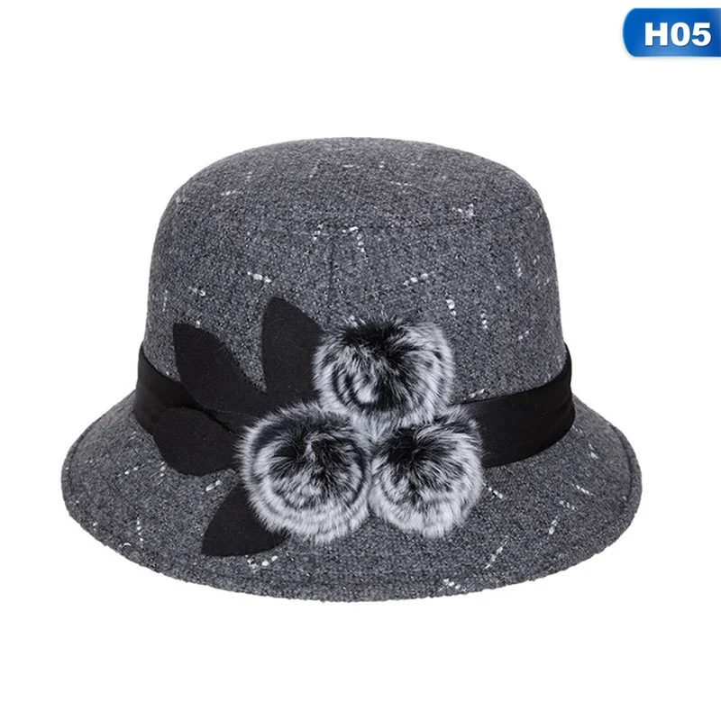 H05 Новая женская шляпа Fedora, Женская шерстяная купольная шапка для девочек, осенне-зимняя шерстяная шапка с цветком, шерстяная купольная шапка - Цвет: H05