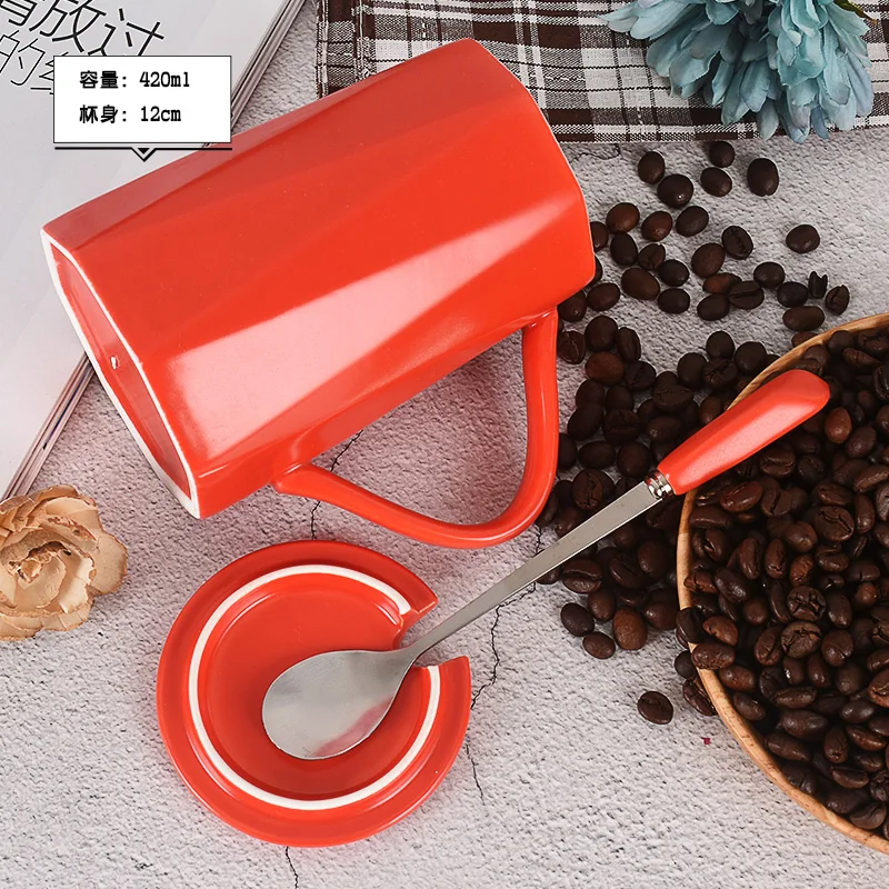 Nordic style creative trend cup couple mug personality ceramic cup with lid spoon household coffee cup teacup best gift - Color: B red