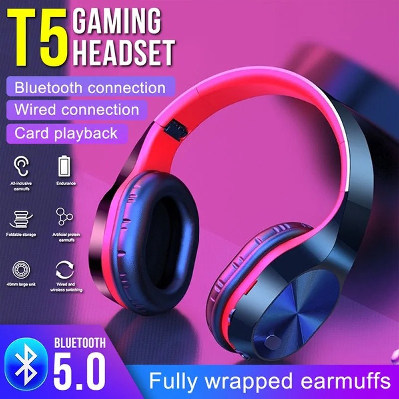 2020 T5 Bluetooth 5 0 Wireless Earphones Foldable Surround Sound Over Ear Noise Reduction Bass HiFi Stereo Head mounted Headsets