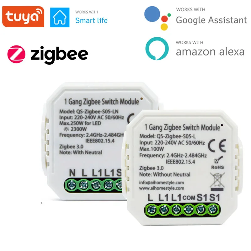 Умный модуль переключателя Zigbee Tuya 1/2 клавиши с/без нейтрального 1 канал