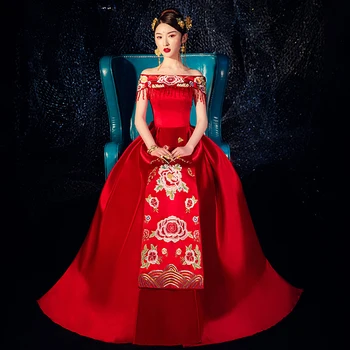 

Strapless Chinese Women Red Cheongsam Embroidery Bride Wedding Dress Tassel Sleeveless Evening Gowns Full Length Clothing
