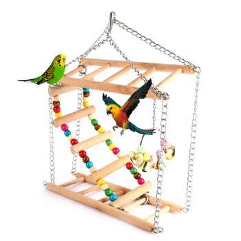 

Parrots Toys Bird Swing Exercise Climbing Hanging Ladder Bridge Wooden Rainbow Pet Parrot Macaw Hammock Bird Toy With Bells