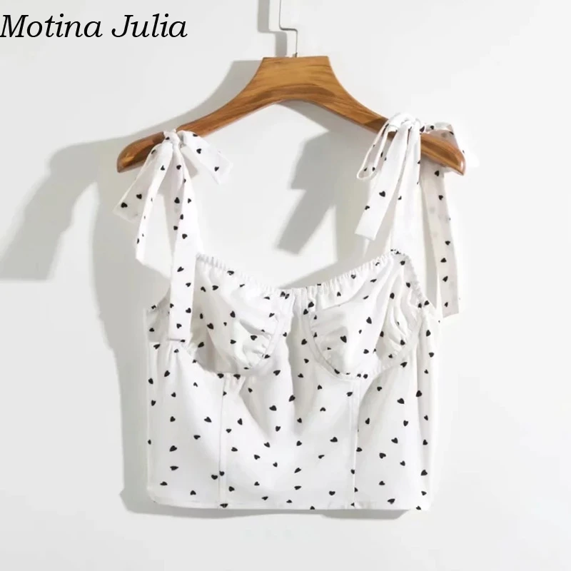 Белый Motina Julia, элегантный укороченный топ с принтом в виде сердца и бантом, летний женский сексуальный Повседневный крутой Пляжный топ, милый женский топ на бретелях - Цвет: Белый