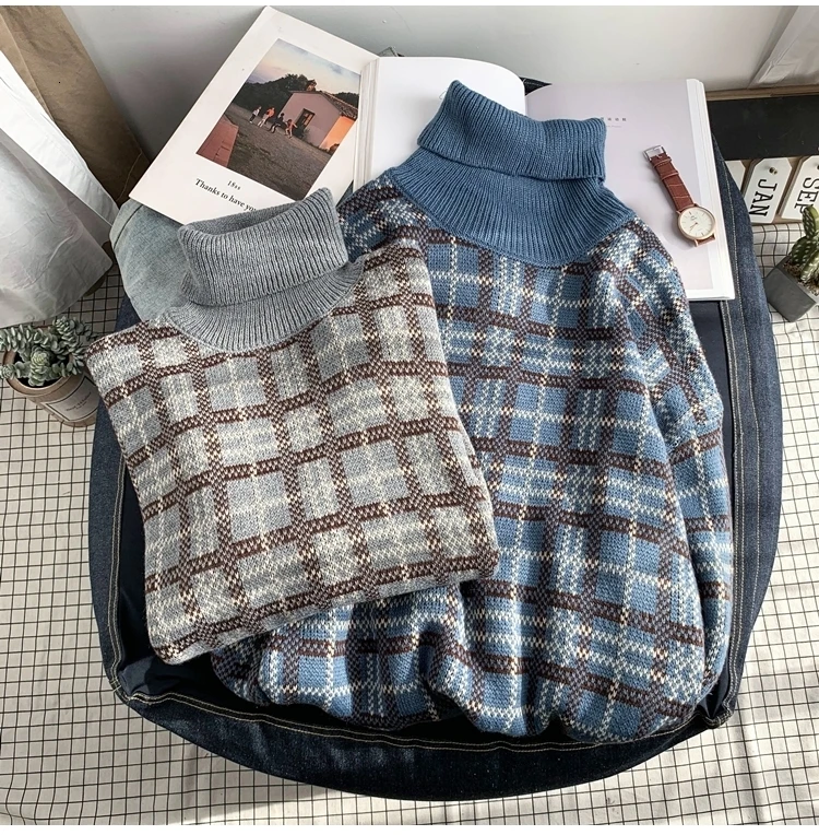 Winter Turtleneck Sweater Men's Warm Fashion Casual Retro Knit Pullover Men Streetwear Plaid Sweater Male Sweter Clothes