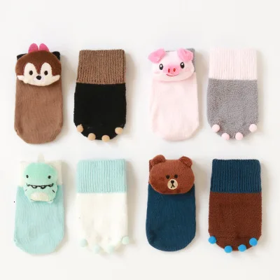 Утепленные носки для малышей, милые носки-тапочки для малышей, нескользящие носки с резиновой подошвой для детей 0-1-3 лет