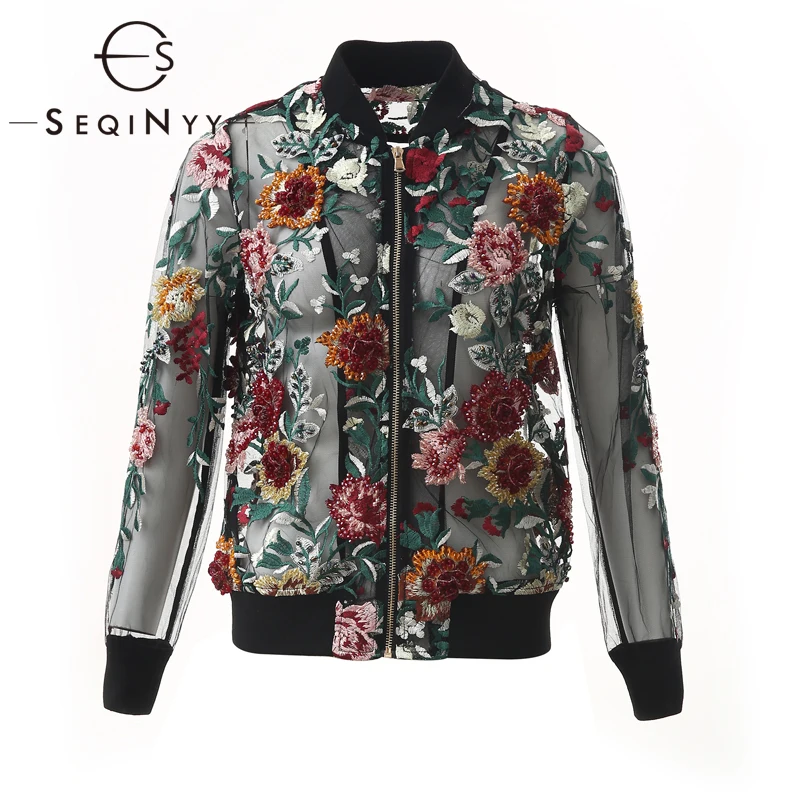 

SEQINYY Black Jacket 2020 Summer Spring New Fashion Design Women Long Sleeve Luxury Beading Flowers Embroidery Top