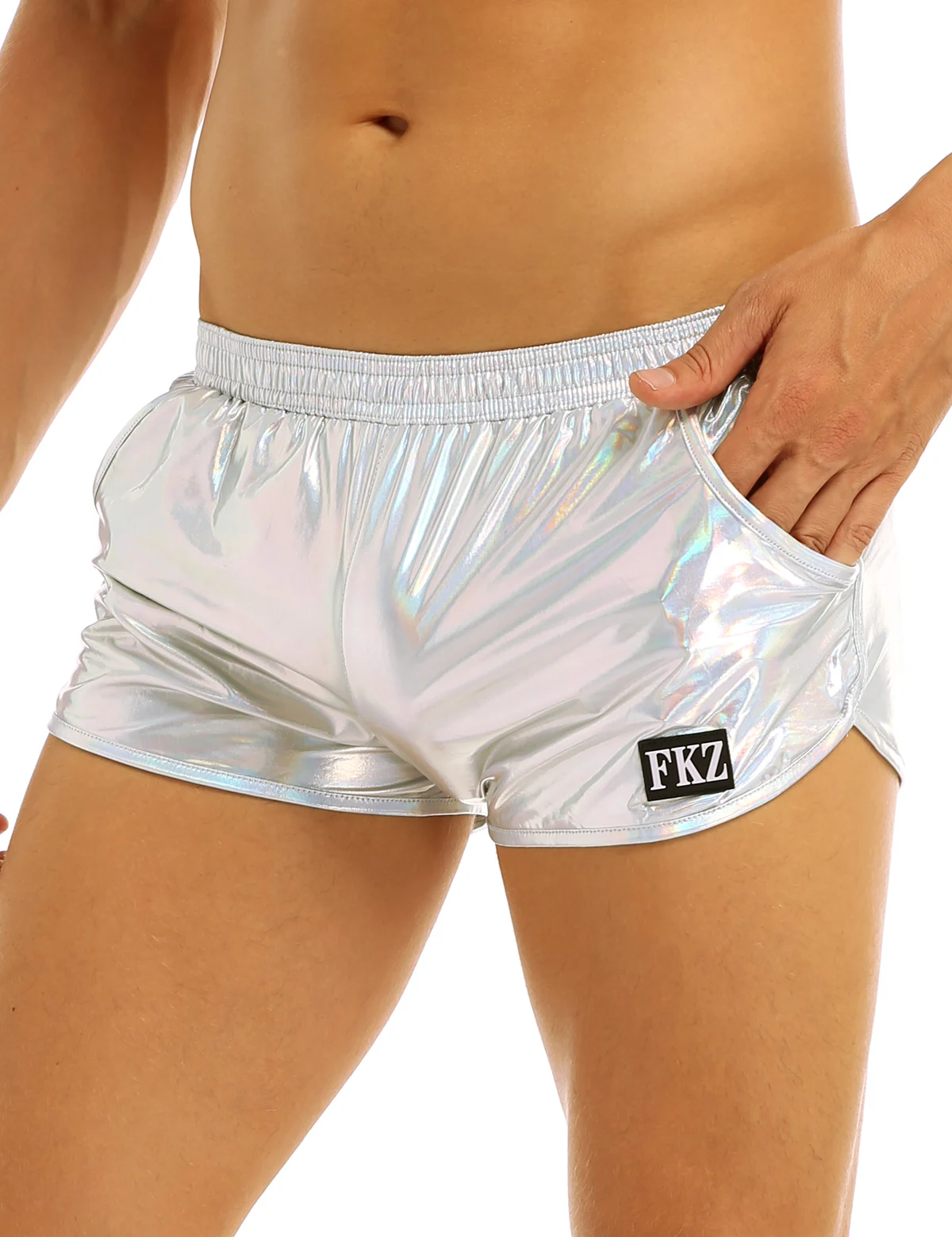 Mens Holographic Shiny Metallic Boxer Briefs Casual Loose Lounge Shorts Underwear Fashion Swim Trunks Bikini Swimwear 3