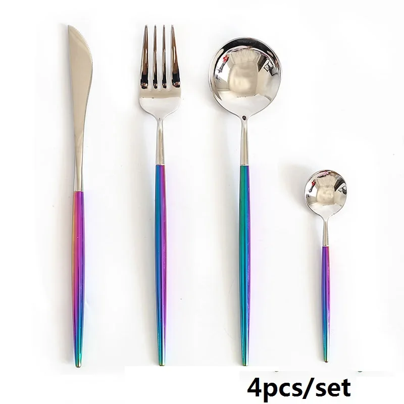 Silver Cutlery 4pcs Красочные столовые приборы из нержавеющей стали набор палочек для еды нож ложка Вилка чайная ложка набор посуды рождественские столовые приборы подарок Вечерние - Цвет: Silver Cutlery 4pcs