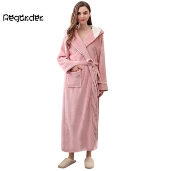 

New Women Winter Thick Warm Lengthened Coral Fleece Plush Shawl Bathrobe Sleepwear Long Sleeved Robe Hooded Clothes Nightwear#g3
