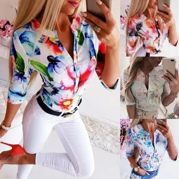 

Women's Floral V Neck Button Long Sleeve Top Loose Shirt Retro Summer Women Blouses Female Shirt OL Ladies Casual Streetwear