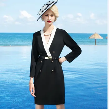 

2020 Spring Autumn Women Elegant Office Lady Formal Work Wear V Neck Dress Double Breasted Luxury Brand Designer OL Pencil Dress