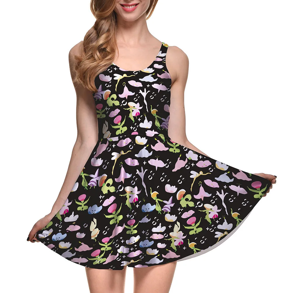 

3D Digital Printing Sleeveless Small Flower Slim Fit Slimming Pleated Dress Women's Big Skirt Umbrella