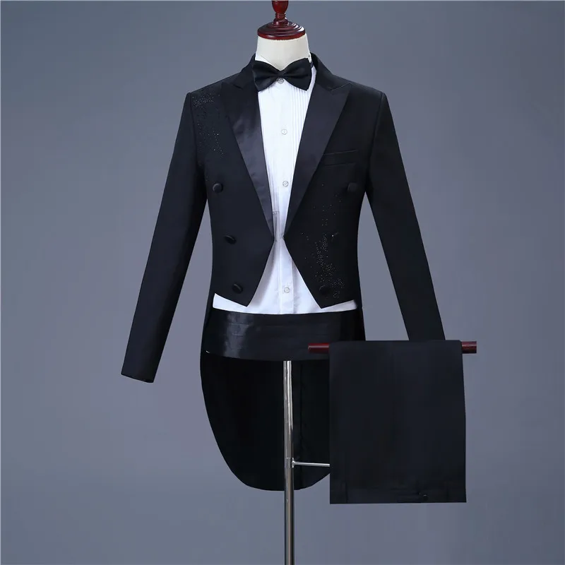 as picture fashion men's classic tuxedo suit set slim up and down inlay diamond adorn black tuxedo prom party set(tail coat+belt+pant - Цвет: as picture