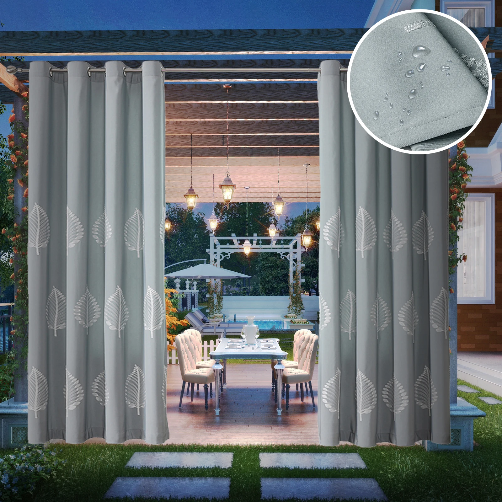 Outdoor Patio Curtains Waterproof Extra Wide Shade Curtain Embroidered Windproof Curtains For