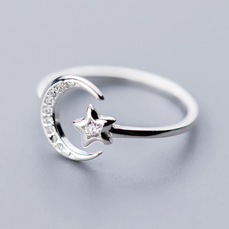 1Pcs 925 Sterling Silver Minimalist Zircon Moon Star Opening Ring For Charming Women Party Fine Jewelry Cute Gift