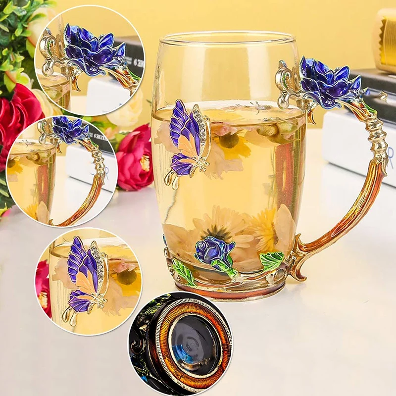 

Hot Sale Beauty and Novelty Enamel Coffee Cup Mug Flower Tea Glass Cups for Hot and Cold Drinks Tea Cup Spoon Set